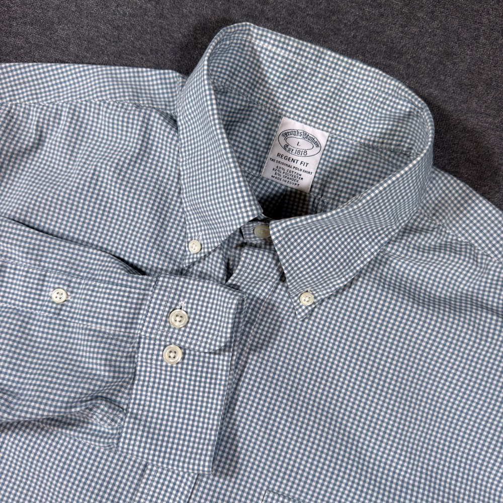 Brooks Brothers Button Down Shirt Mens L Blue Gingham Regent Fit Stretch Cotton